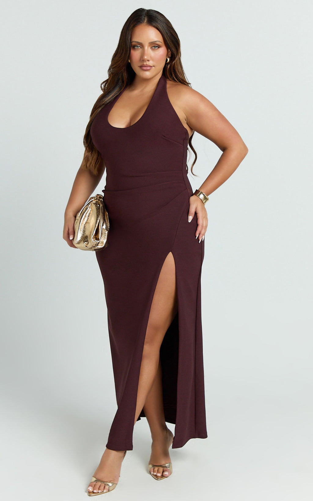 Ruby Maxi Elbise - Bordo Boyundan Bağlamalı Yuvarlak Yaka Düşük Sırt Bodycon Elbise