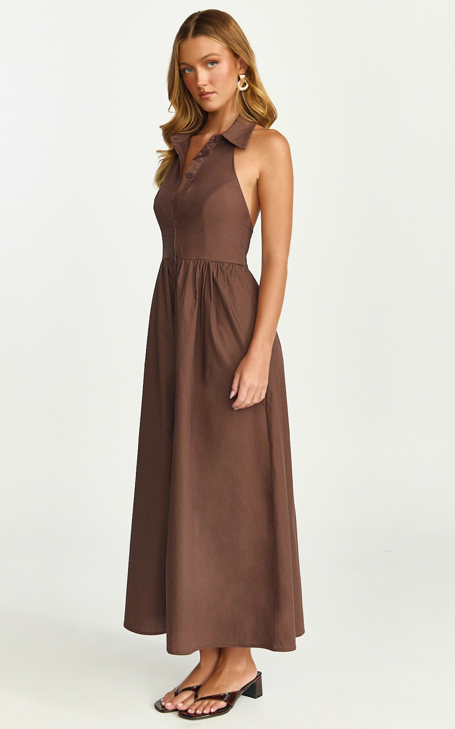 Ruby Midi Elbise - Yakalı Düğmeli Büzgülü Bel Etekli Fit & Flare Elbise - Koyu Çikolata