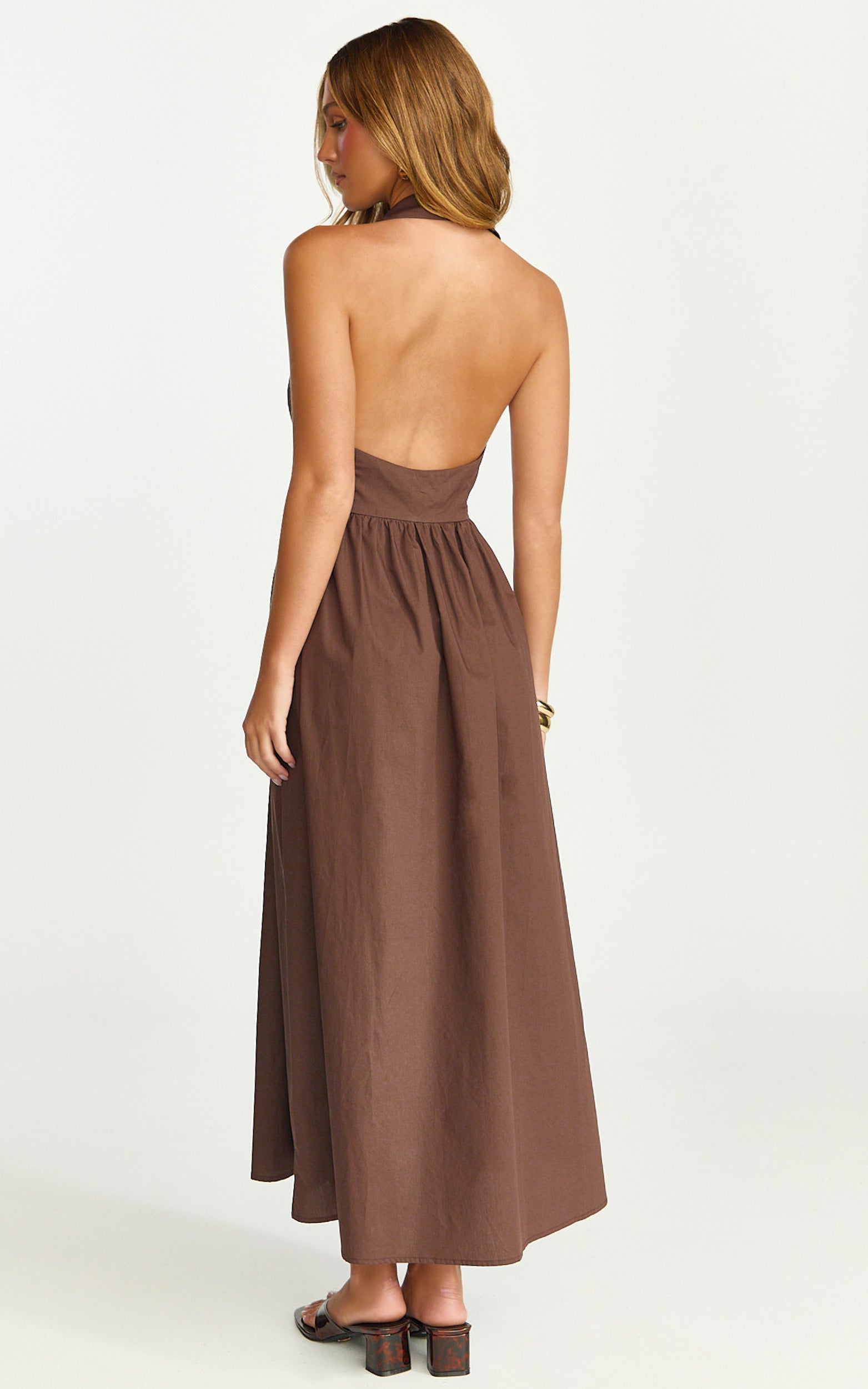Ruby Midi Elbise - Yakalı Düğmeli Büzgülü Bel Etekli Fit & Flare Elbise - Koyu Çikolata