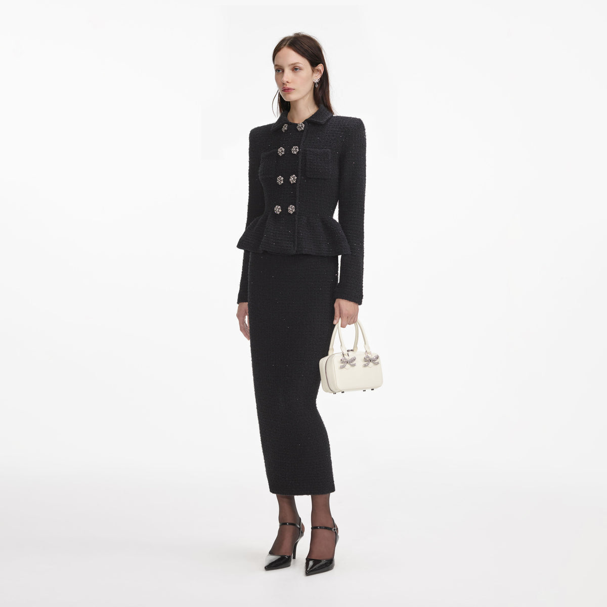 Siyah Dokulu Örme Peplum Midi Elbise