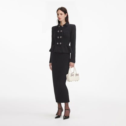 Siyah Dokulu Örme Peplum Midi Elbise