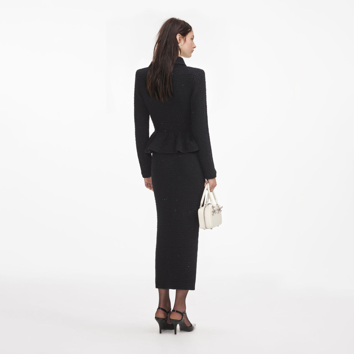 Siyah Dokulu Örme Peplum Midi Elbise