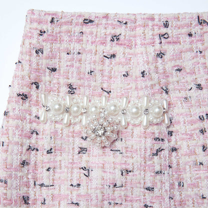 Pembe Buklet İnci Midi Etek