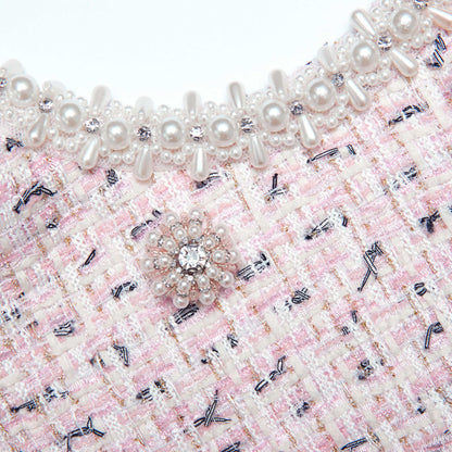 Pembe Buklet İnci Mini Elbise