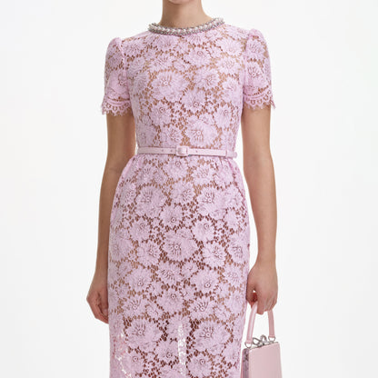 Pembe İnce Dantel İnci Midi Elbise