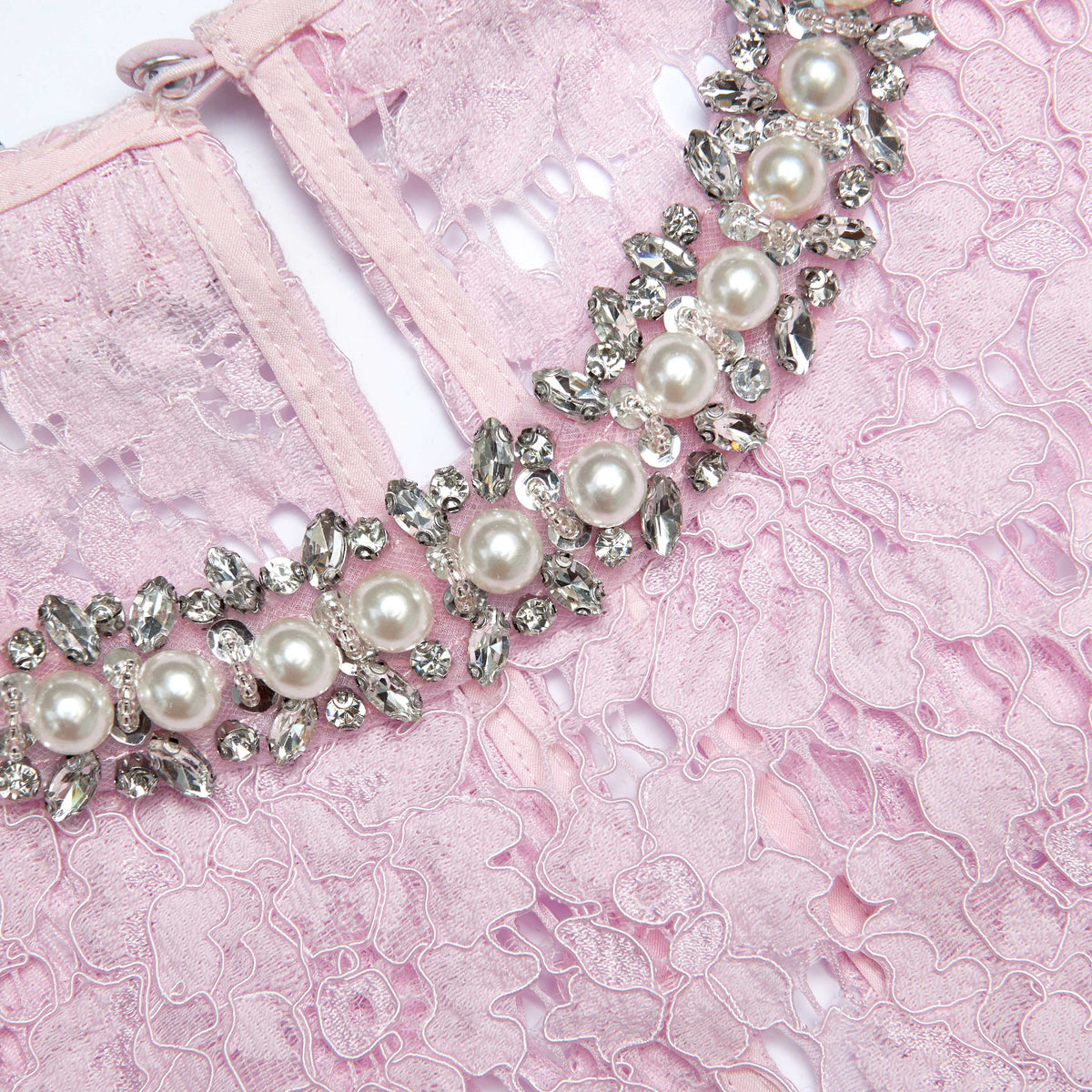 Pembe İnce Dantel İnci Midi Elbise