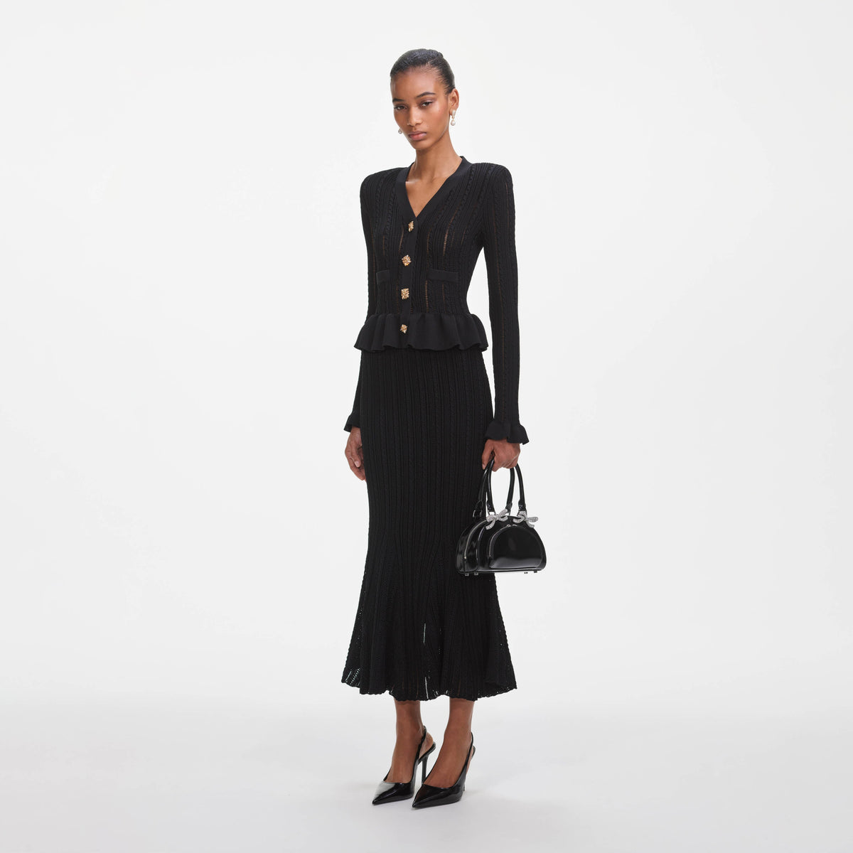 Siyah Örme Peplum Midi Elbise