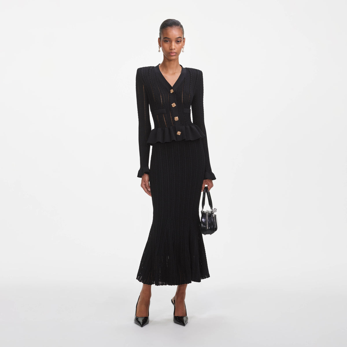 Siyah Örme Peplum Midi Elbise