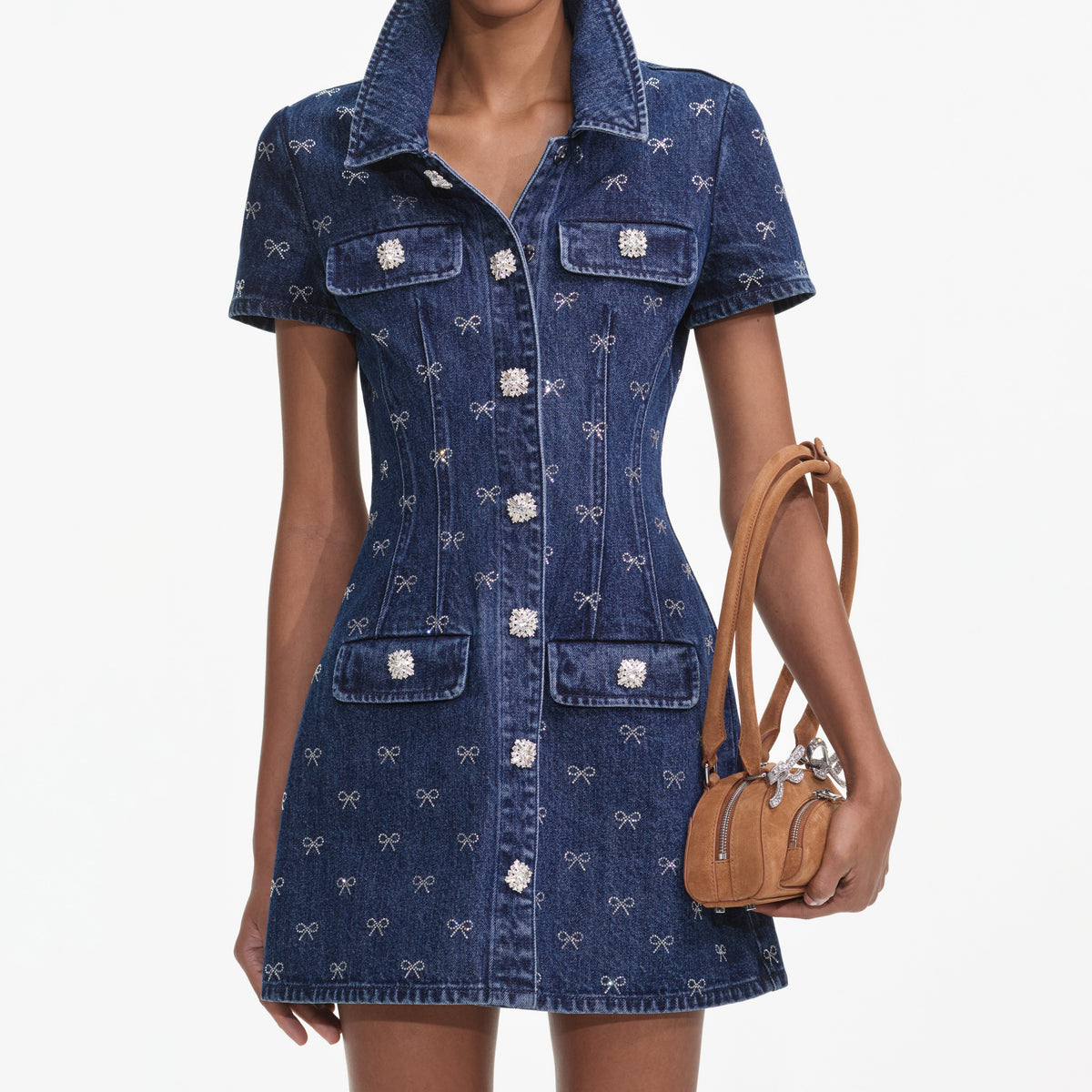 Denim Pırlanta Fiyonk Yaka Mini Elbise