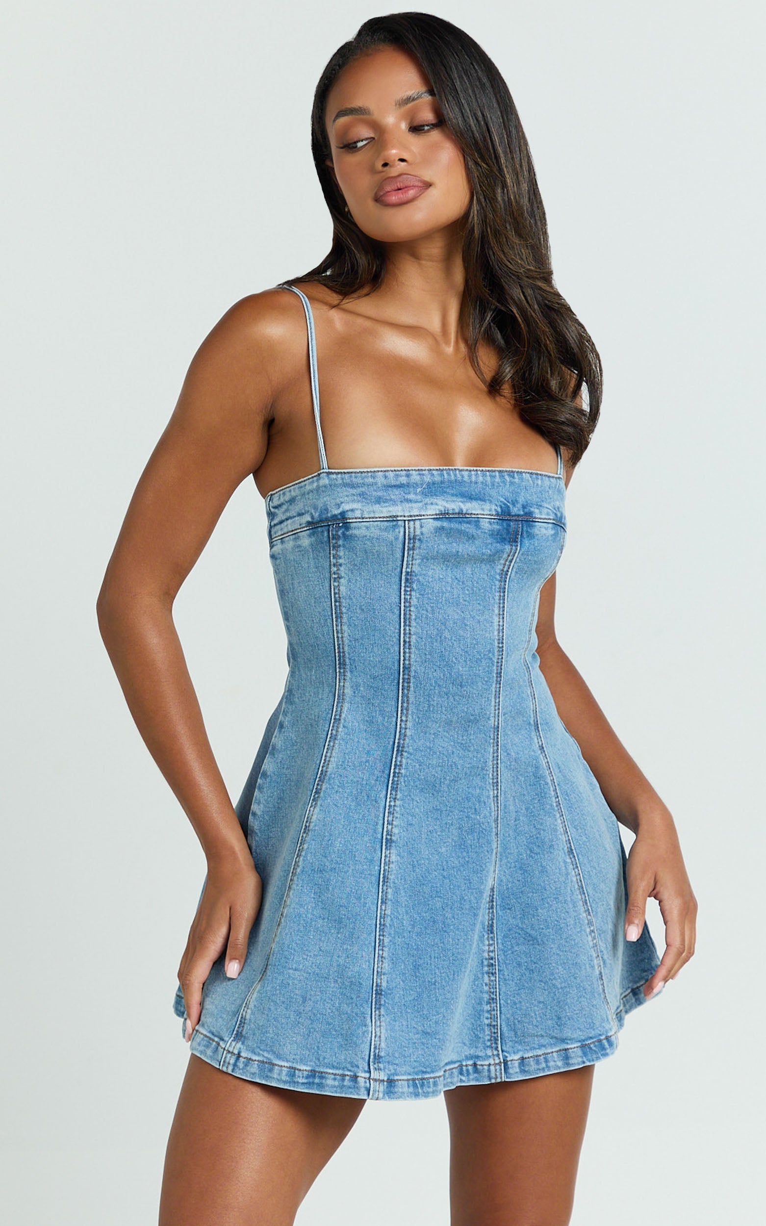Sally Mini Elbise - Orta Mavi Yıkamalı Düz Yaka Fit & Flare Denim Elbise