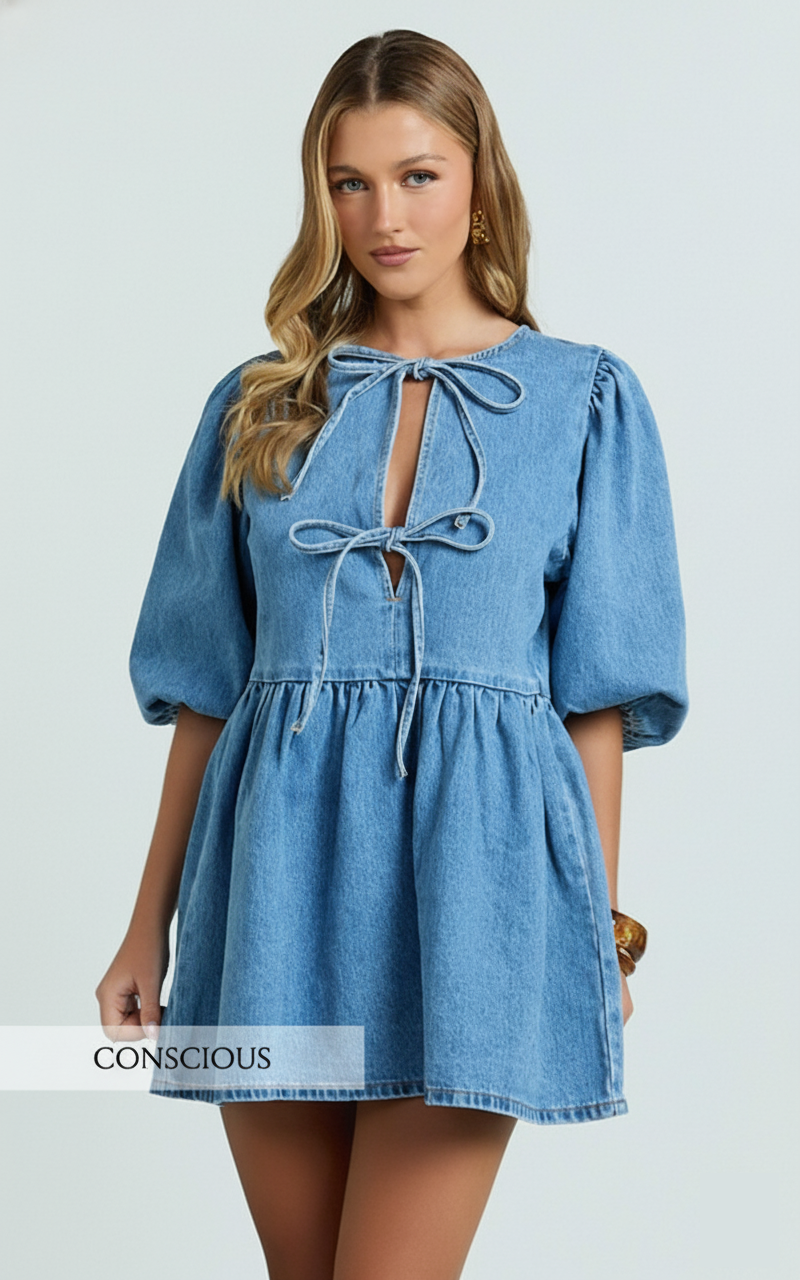 Shailene Mini Elbise - Orta Mavi Yıkamalı Önden Bağlamalı Balon Kollu Geri Dönüştürülmüş Denim Elbise