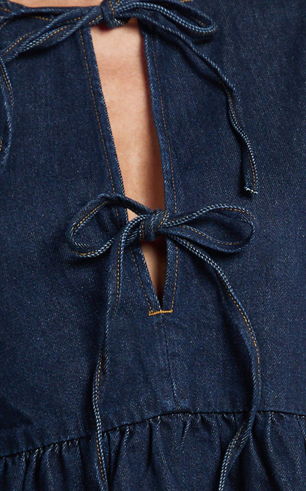 Shailene Mini Elbise - Ham İndigo Önden Bağlamalı Balon Kollu Geri Dönüştürülmüş Denim Elbise