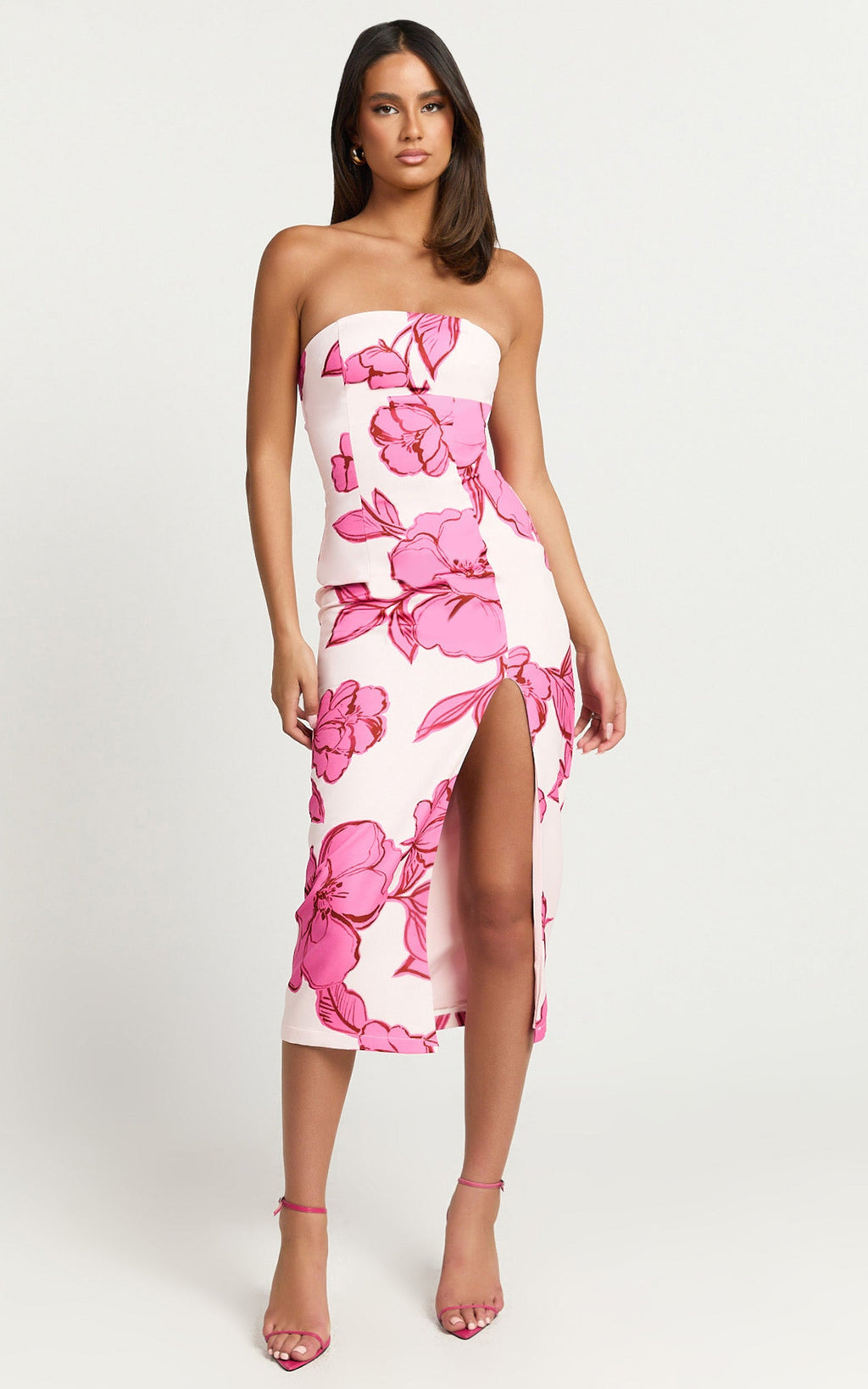 Shantelle Midi Elbise - Bouquet Di Fiori Desenli Straplez Bodycon Arkası Yırtmaçlı Elbise