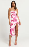 Shantelle Midi Elbise - Bouquet Di Fiori Desenli Straplez Bodycon Arkası Yırtmaçlı Elbise