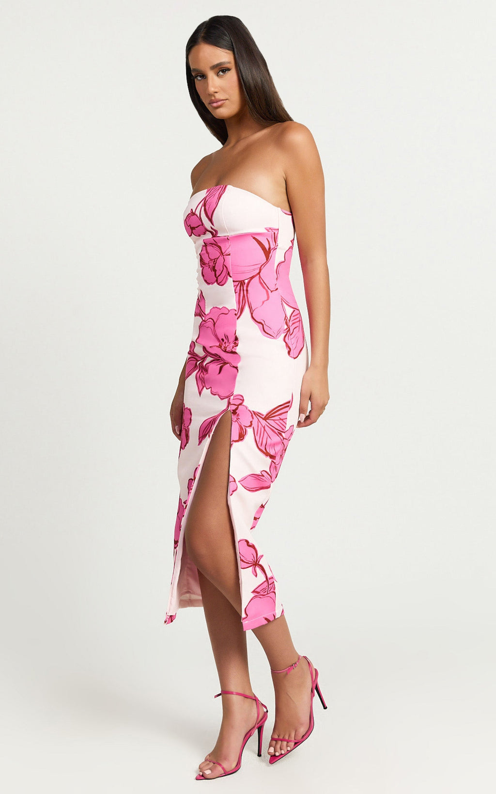 Shantelle Midi Elbise - Bouquet Di Fiori Desenli Straplez Bodycon Arkası Yırtmaçlı Elbise