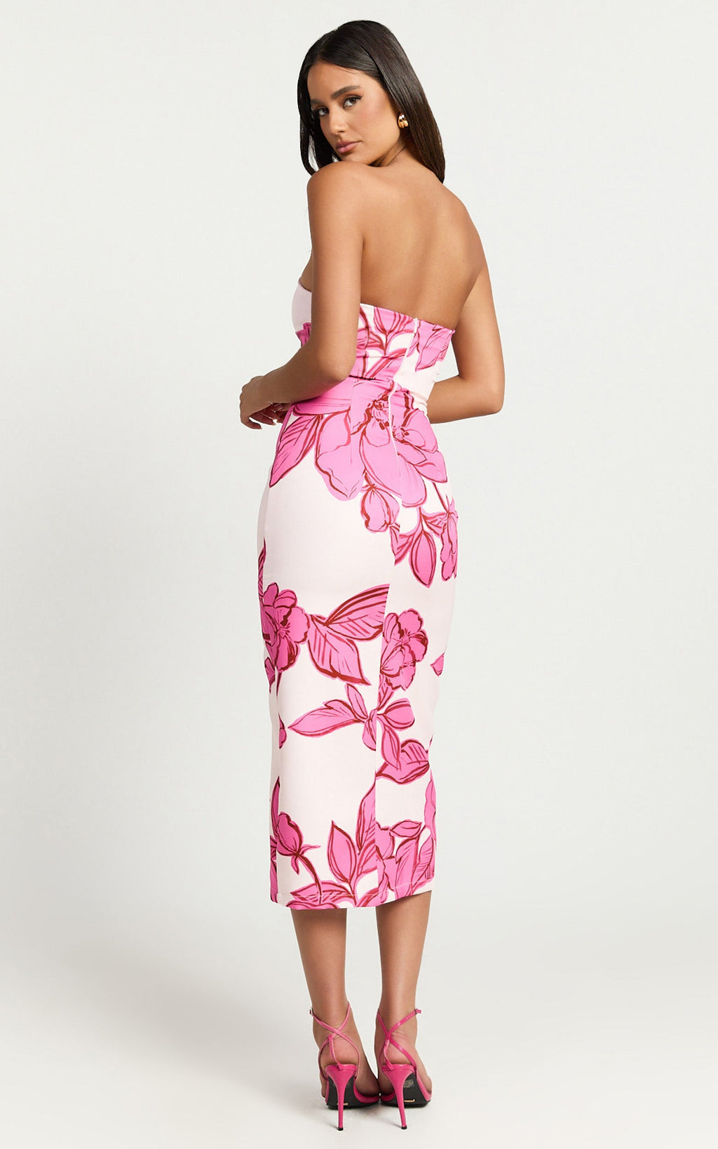 Shantelle Midi Elbise - Bouquet Di Fiori Desenli Straplez Bodycon Arkası Yırtmaçlı Elbise