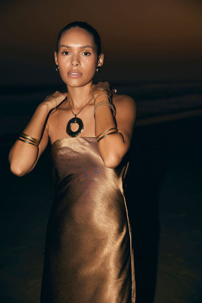 Natalia Bronz Straplez Maxi Elbise