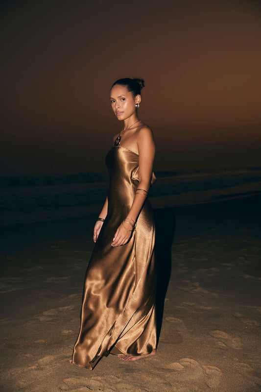 Natalia Bronz Straplez Maxi Elbise