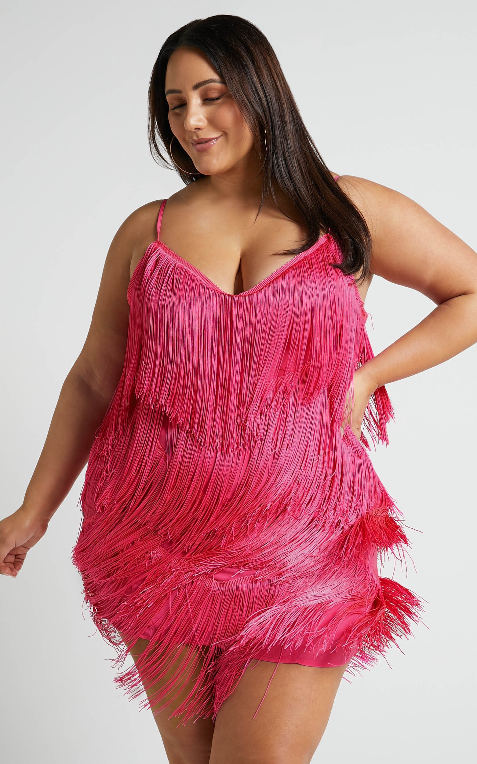 Siofra Mini Elbise - Canlı Pembe Zikzak Püsküllü Elbise