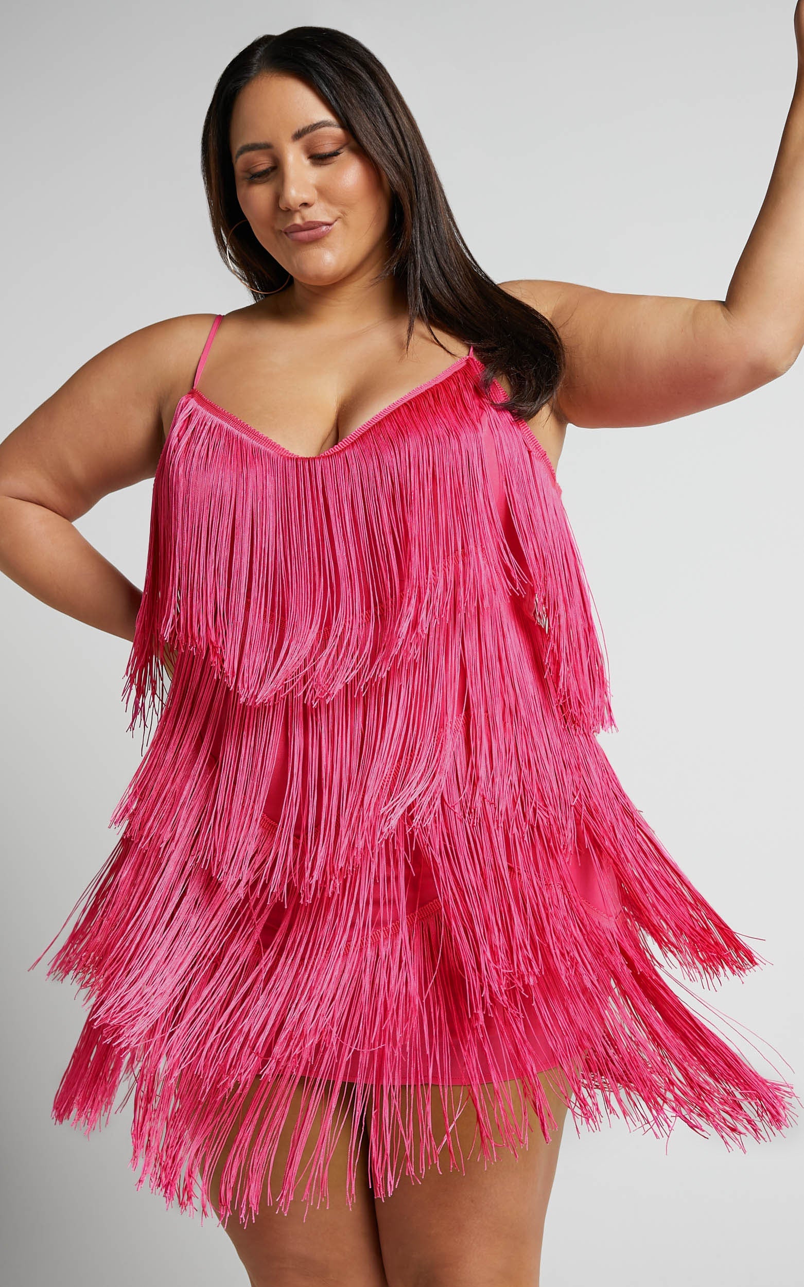 Siofra Mini Elbise - Canlı Pembe Zikzak Püsküllü Elbise