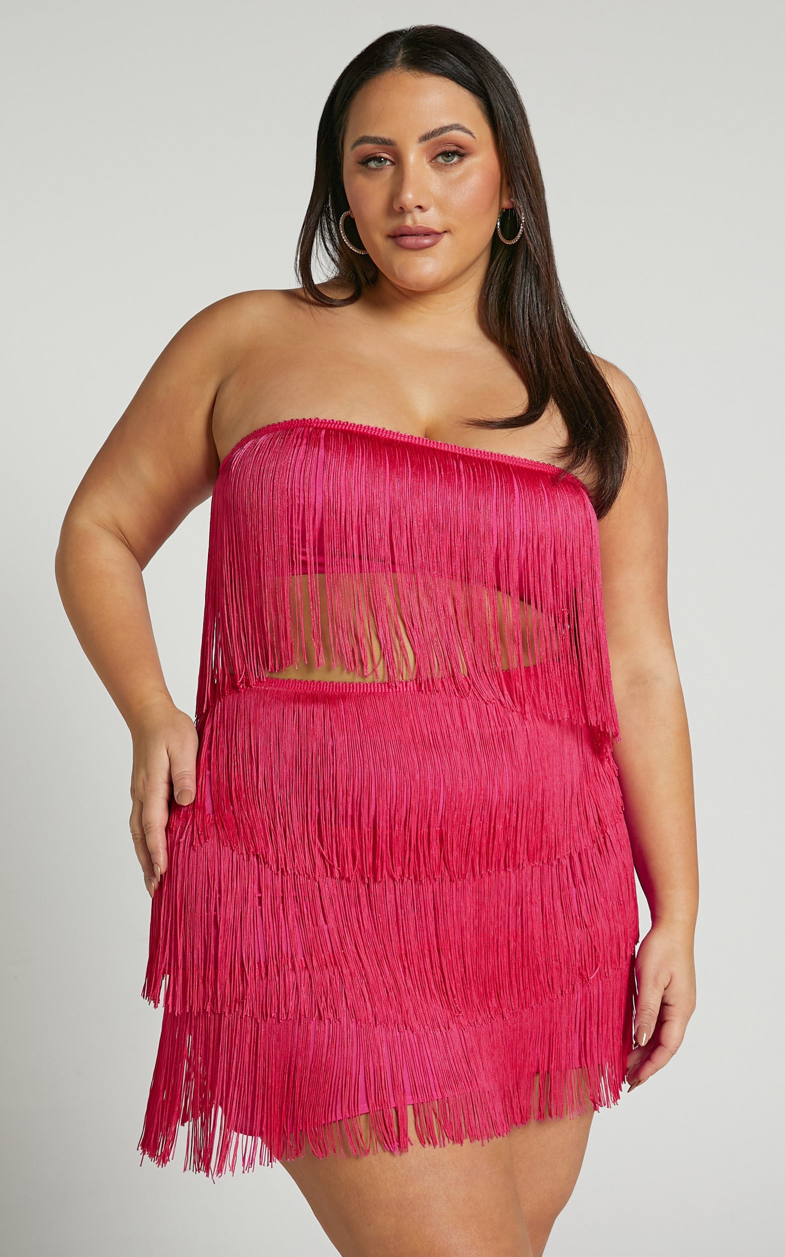 Siofra İki Parça Takım - Canlı Pembe Püsküllü Crop Üst ve Mini Etek Takımı
