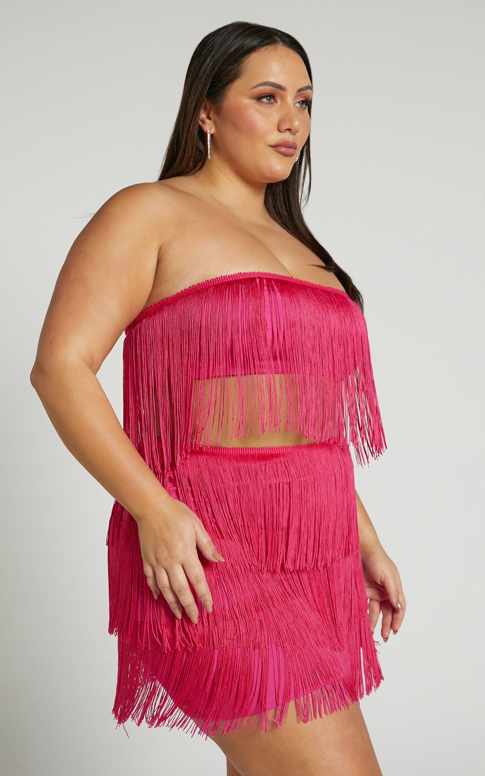 Siofra İki Parça Takım - Canlı Pembe Püsküllü Crop Üst ve Mini Etek Takımı