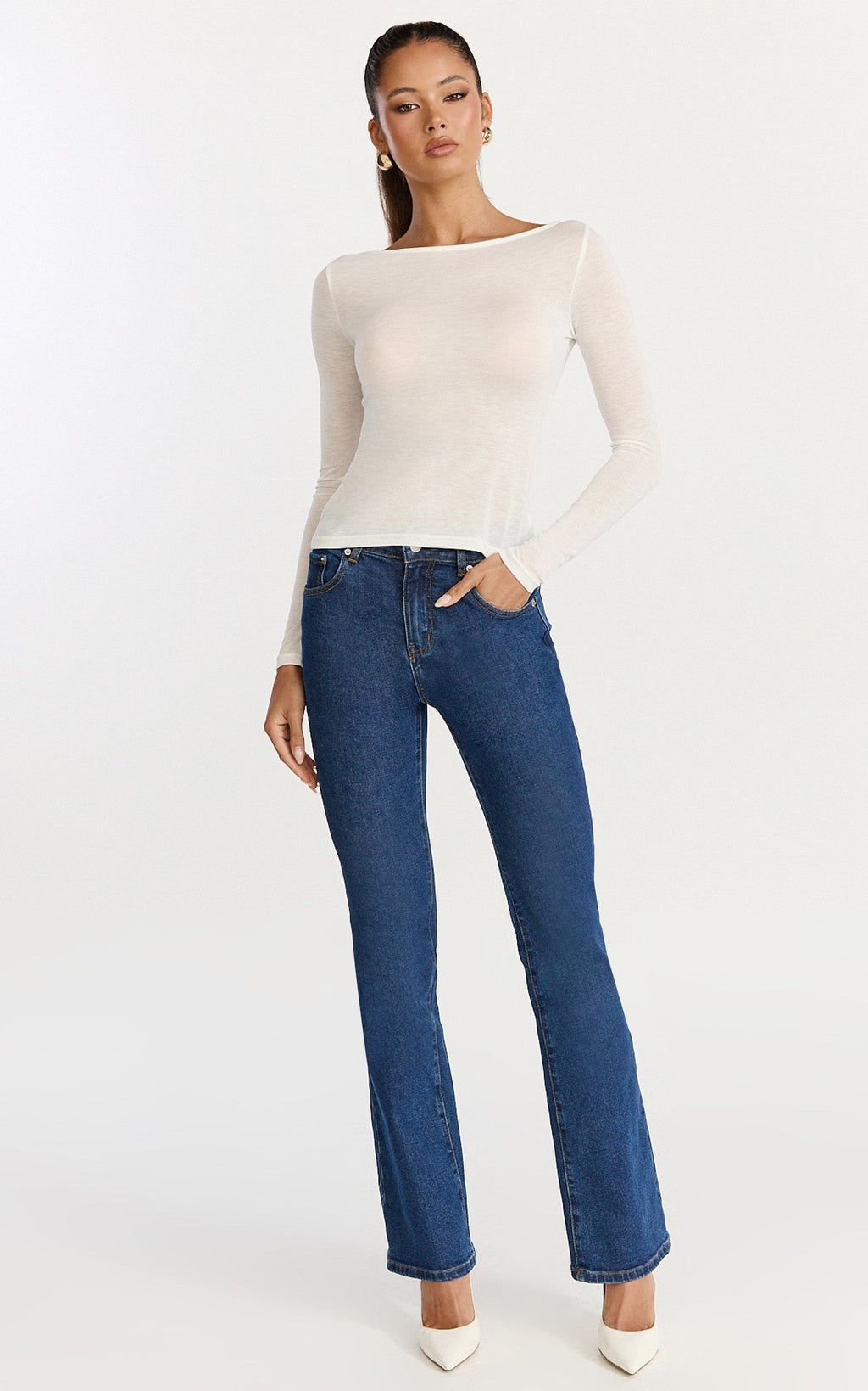 Solenne Jean - Yüksek Bel Dar Kesim Bootcut Paça Jean - Koyu Orta Mavi Yıkama
