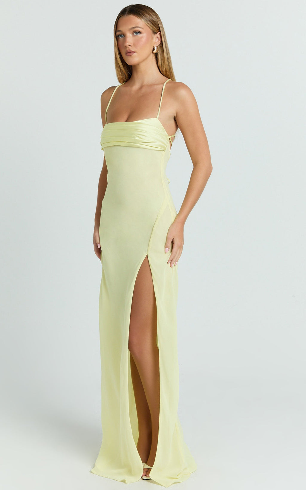 Sonya Maxi Elbise - Limon Sarısı Degaje Yaka Asimetrik Fit & Flare Elbise
