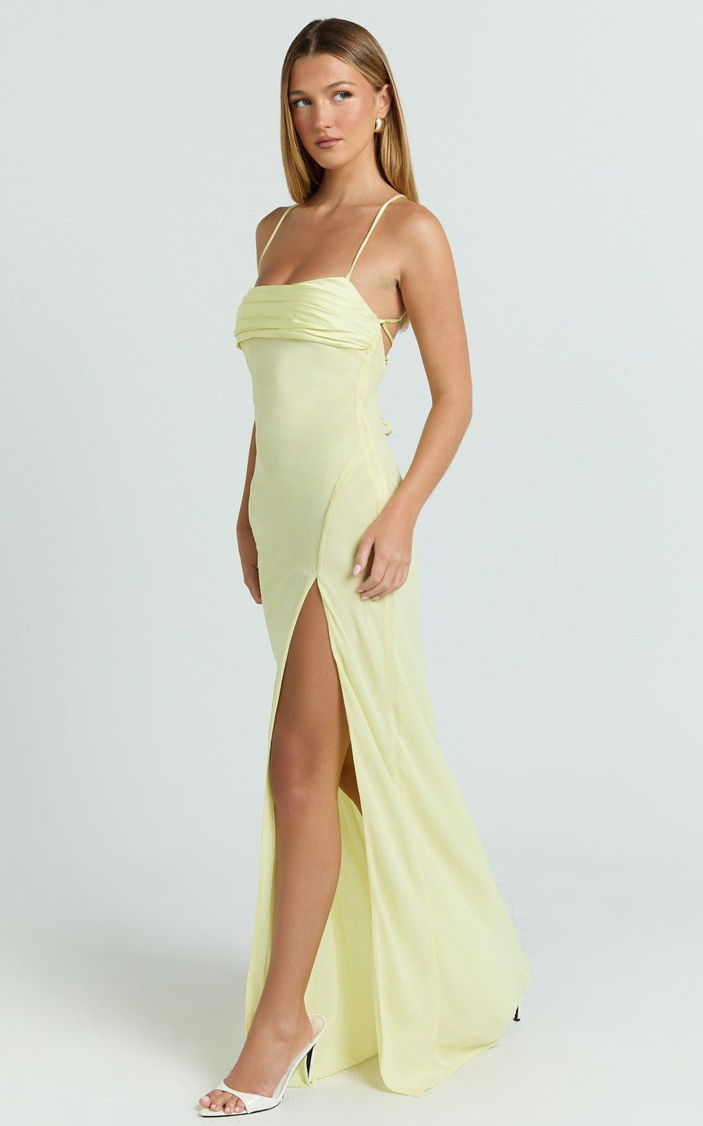 Sonya Maxi Elbise - Limon Sarısı Degaje Yaka Asimetrik Fit & Flare Elbise