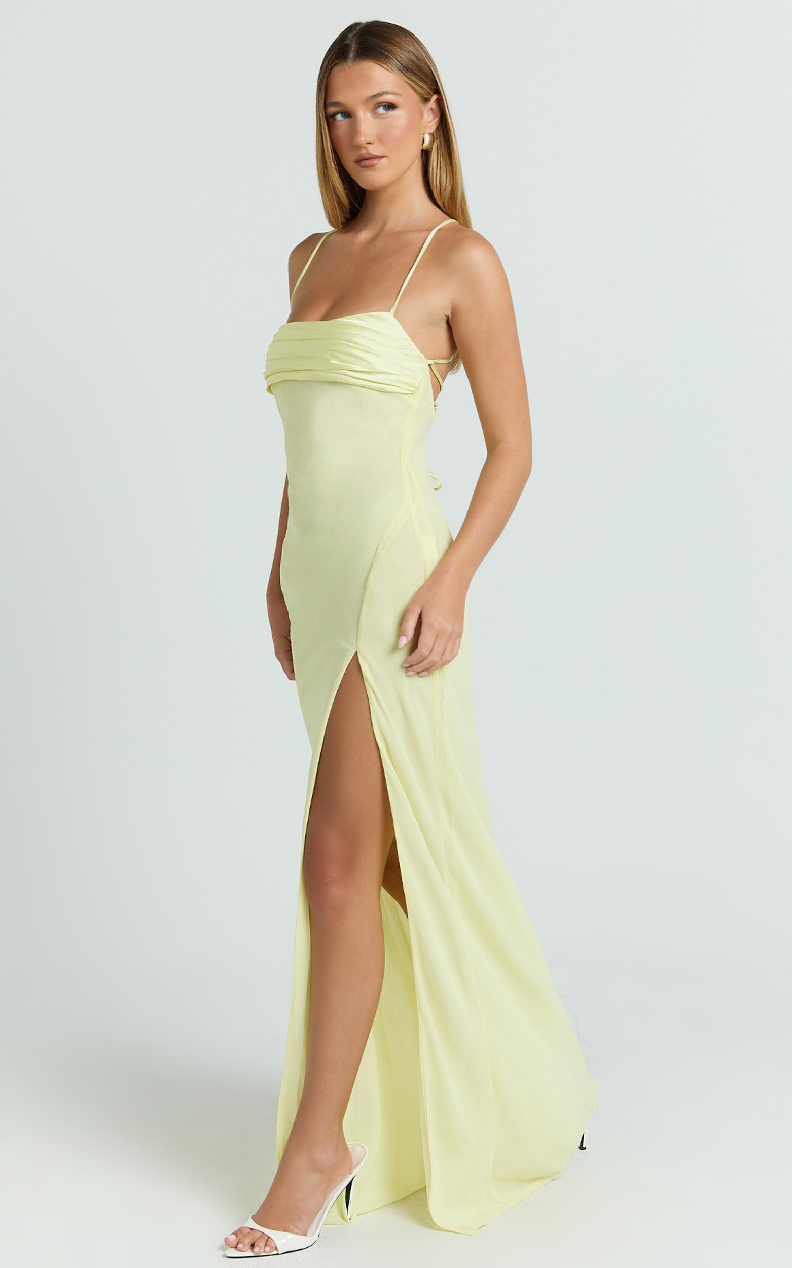 Sonya Maxi Elbise - Limon Sarısı Degaje Yaka Asimetrik Fit & Flare Elbise