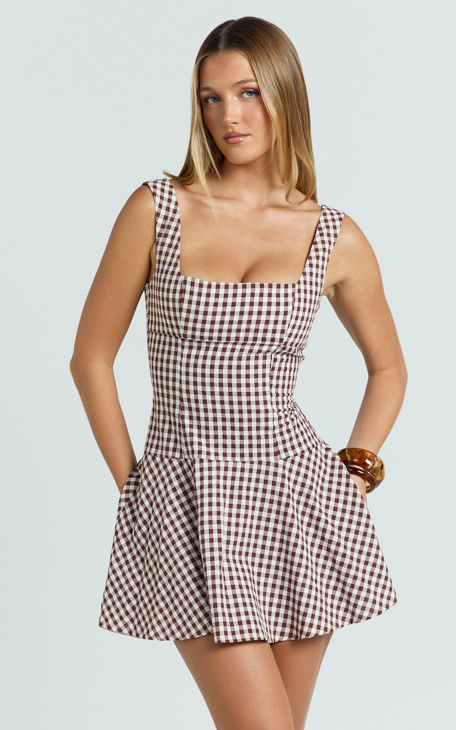 Sophia Mini Elbise - Çikolata Ekoseli Düşük Bel Fit & Flare Elbise