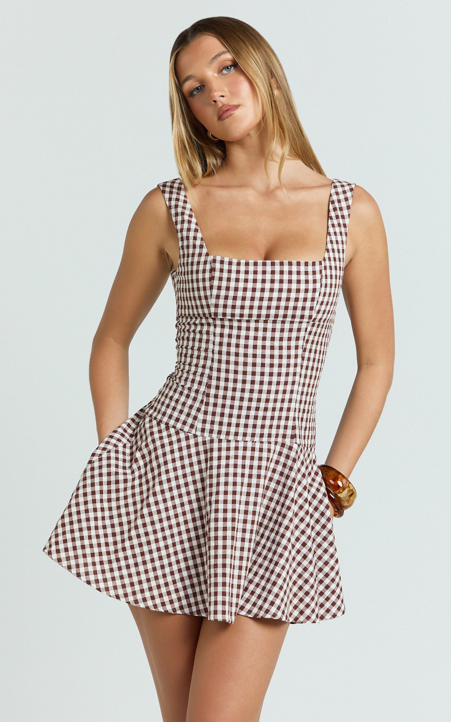 Sophia Mini Elbise - Çikolata Ekoseli Düşük Bel Fit & Flare Elbise