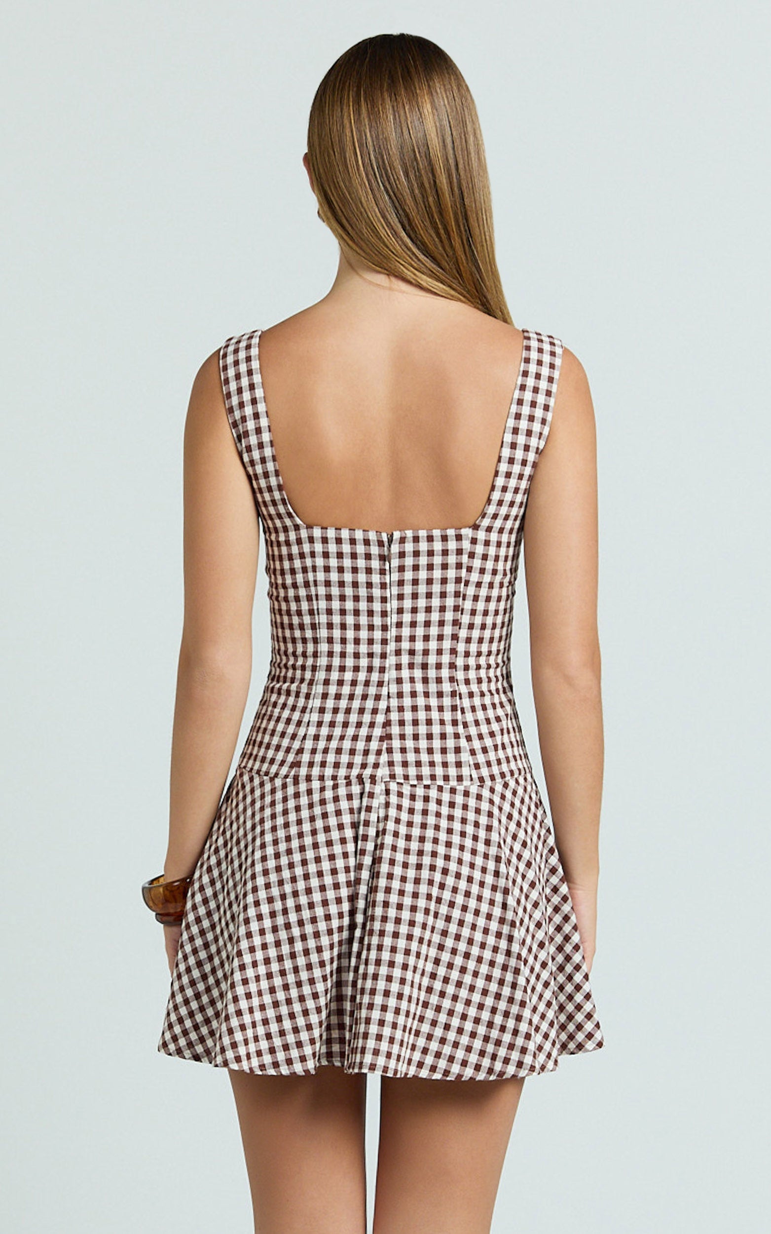 Sophia Mini Elbise - Çikolata Ekoseli Düşük Bel Fit & Flare Elbise