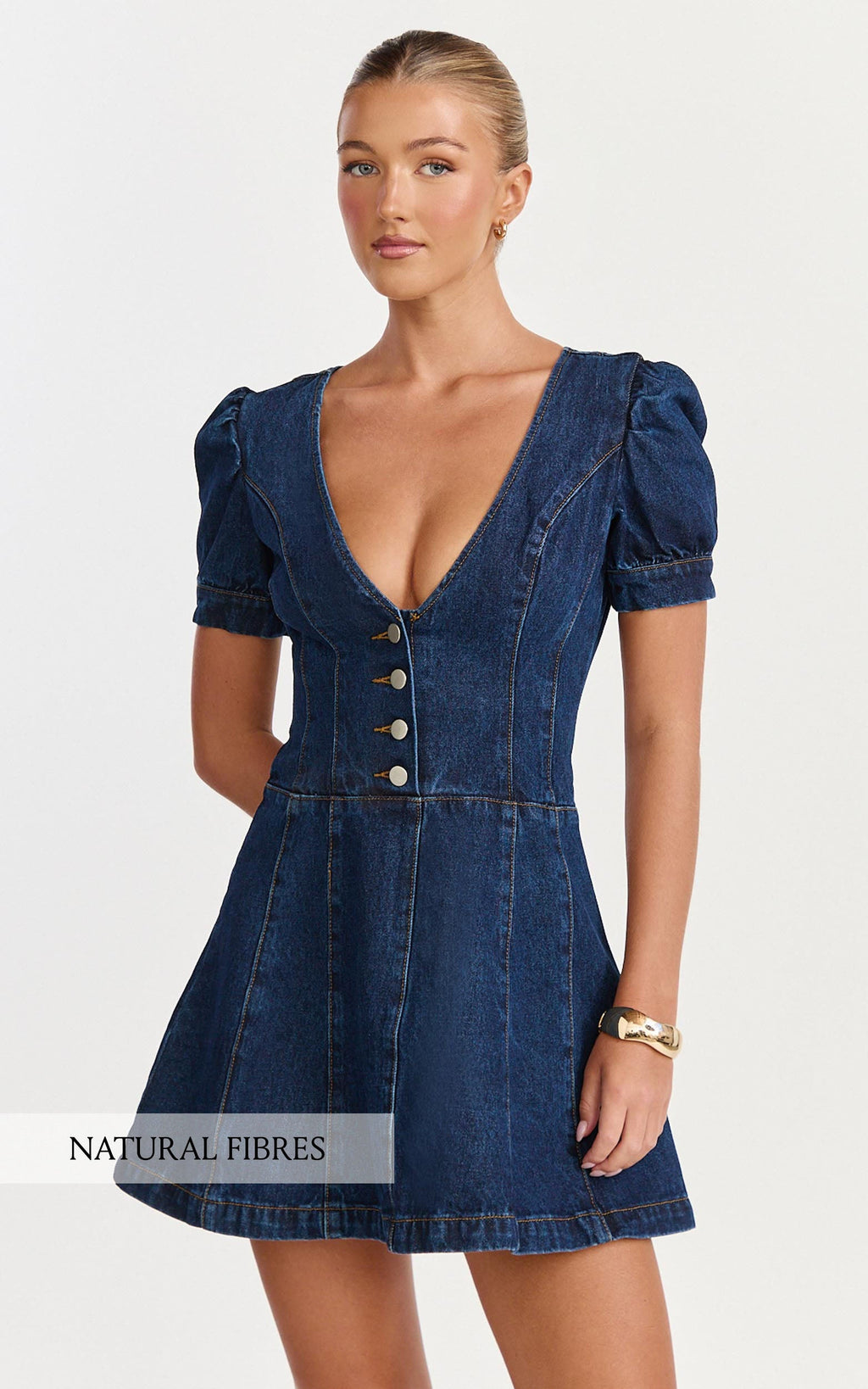 Sophie Mini Elbise - Balon Kollu V Yaka Düğmeli Denim Elbise - Koyu Mavi Yıkama