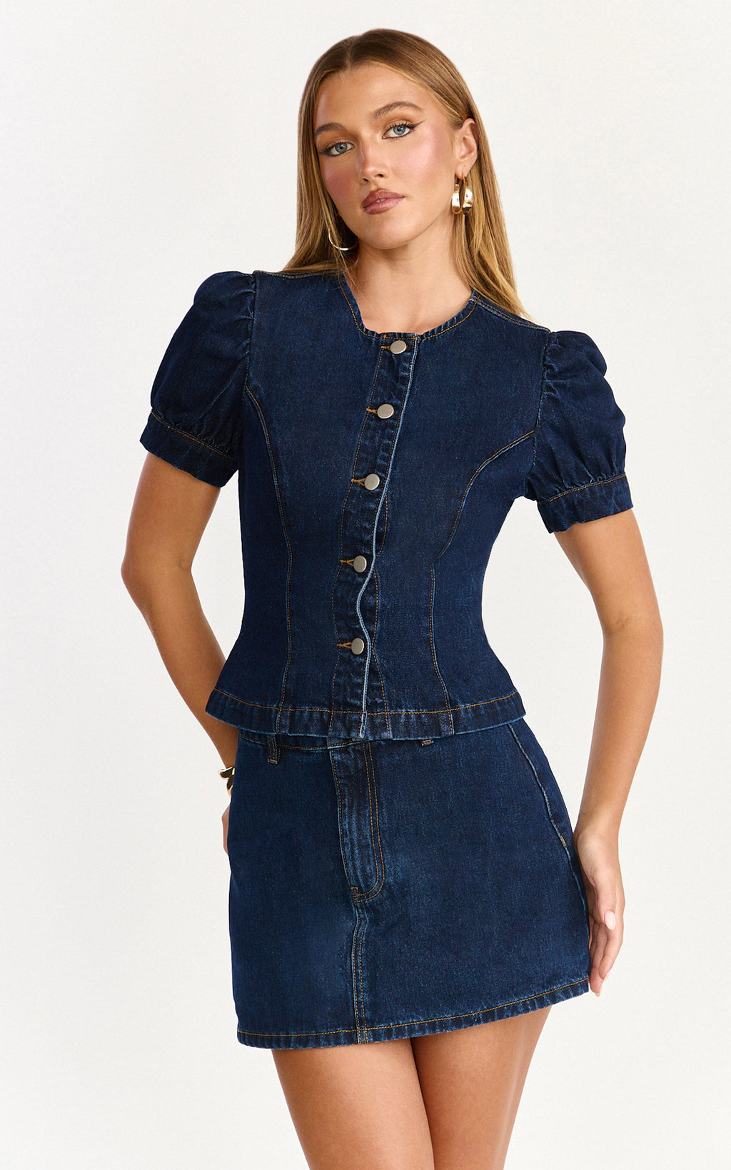 Sophie Üst - Balon Kollu Düğmeli Denim Üst - İndigo