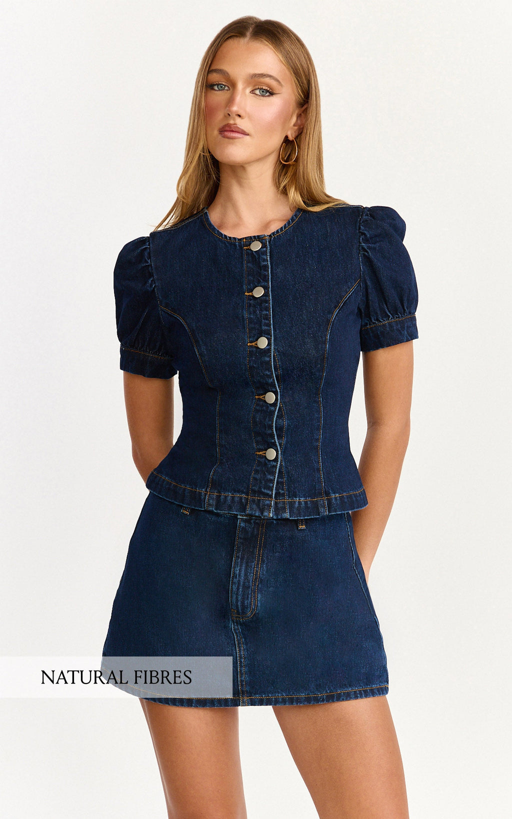 Sophie Üst - Balon Kollu Düğmeli Denim Üst - İndigo