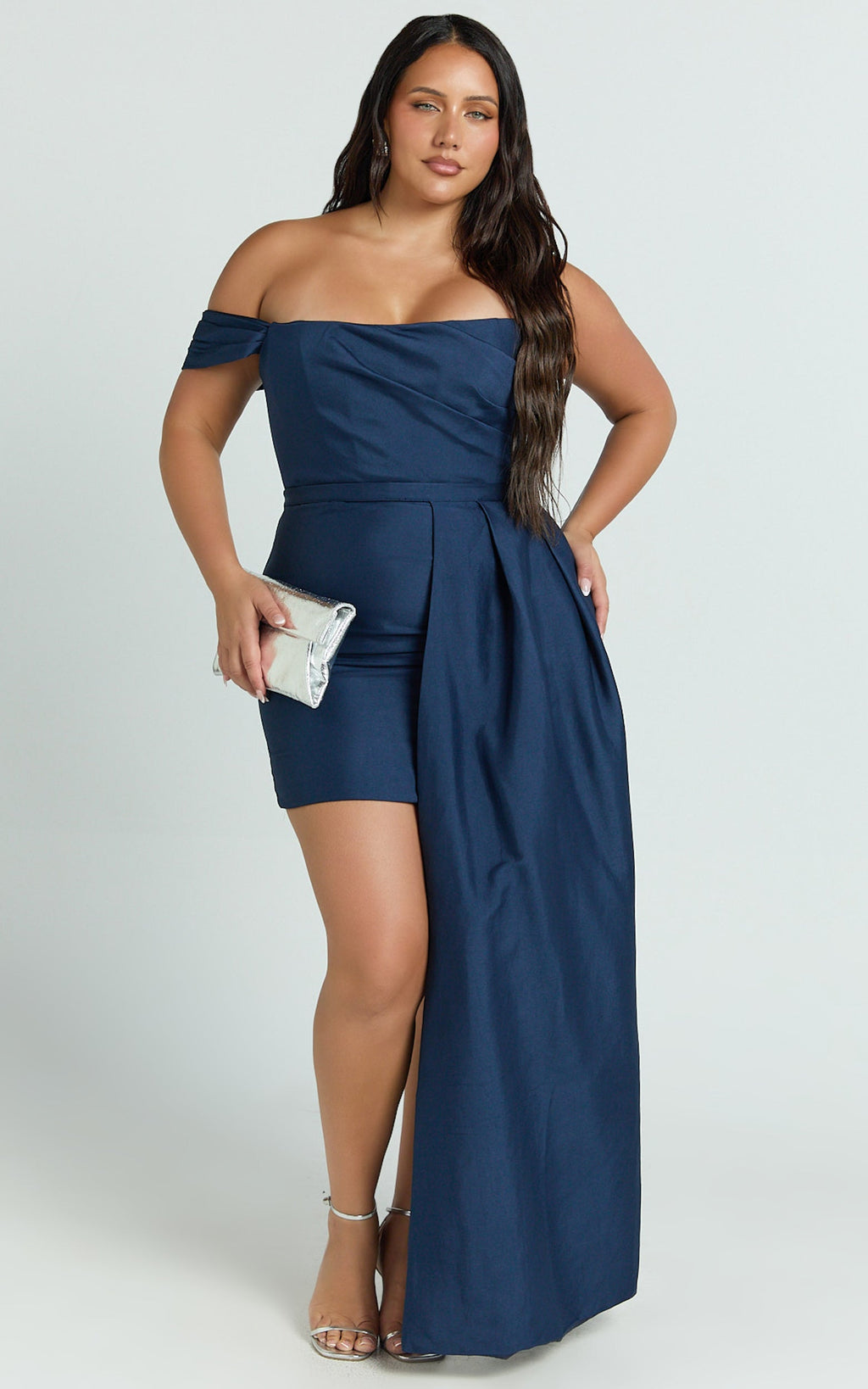 Stefania Mini Elbise - Lacivert Çıkarılabilir Asimetrik Etekli Büzgülü Straplez Bodycon Elbise