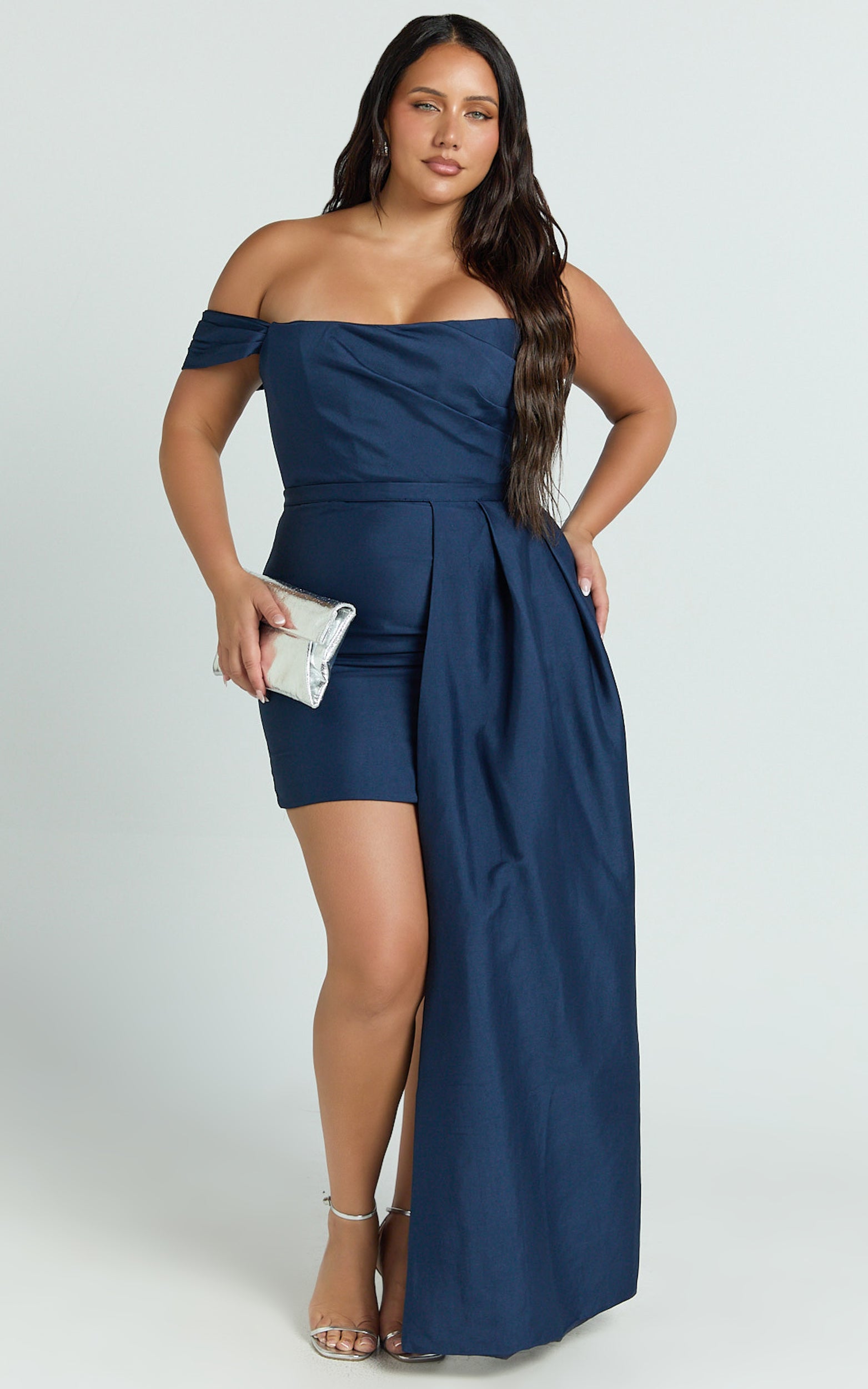 Stefania Mini Elbise - Lacivert Çıkarılabilir Asimetrik Etekli Büzgülü Straplez Bodycon Elbise