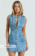 Stephanie Mini Elbise - Açık Mavi Yıkamalı U Yaka Cep Detaylı Geri Dönüştürülmüş Denim Elbise