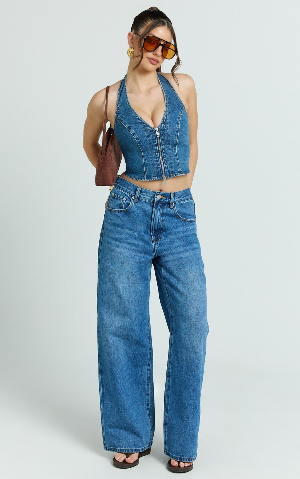 Stephanie Üst - Koyu Mavi Yıkamalı Fermuarlı Boyundan Bağlamalı Denim Üst