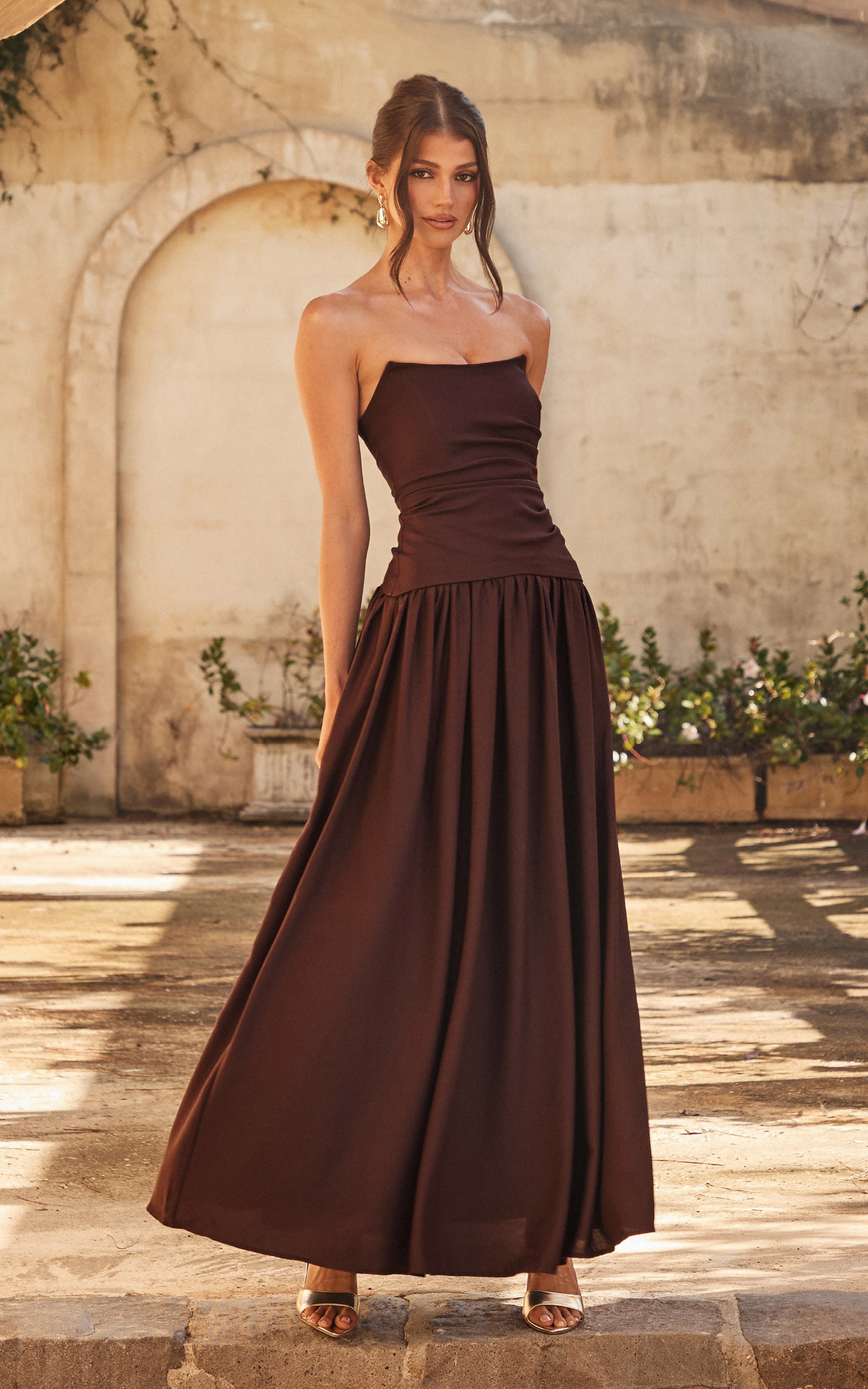 Marlowe Maxi Elbise - Çikolata Straplez Büzgülü Büstlü Fit & Flare Elbise