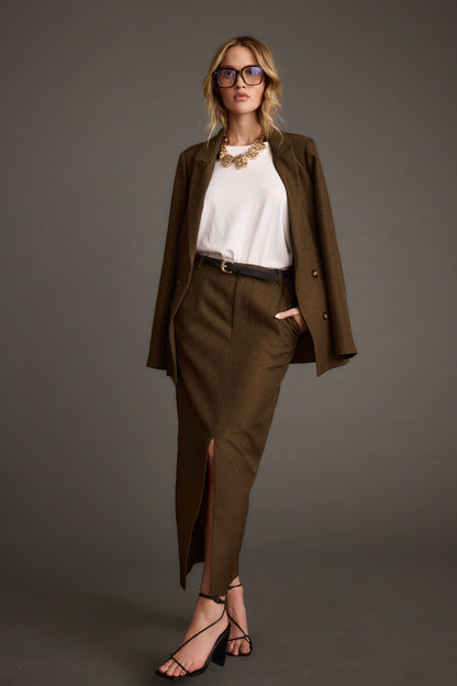 Tory Kahve Gabardin Midi Etek