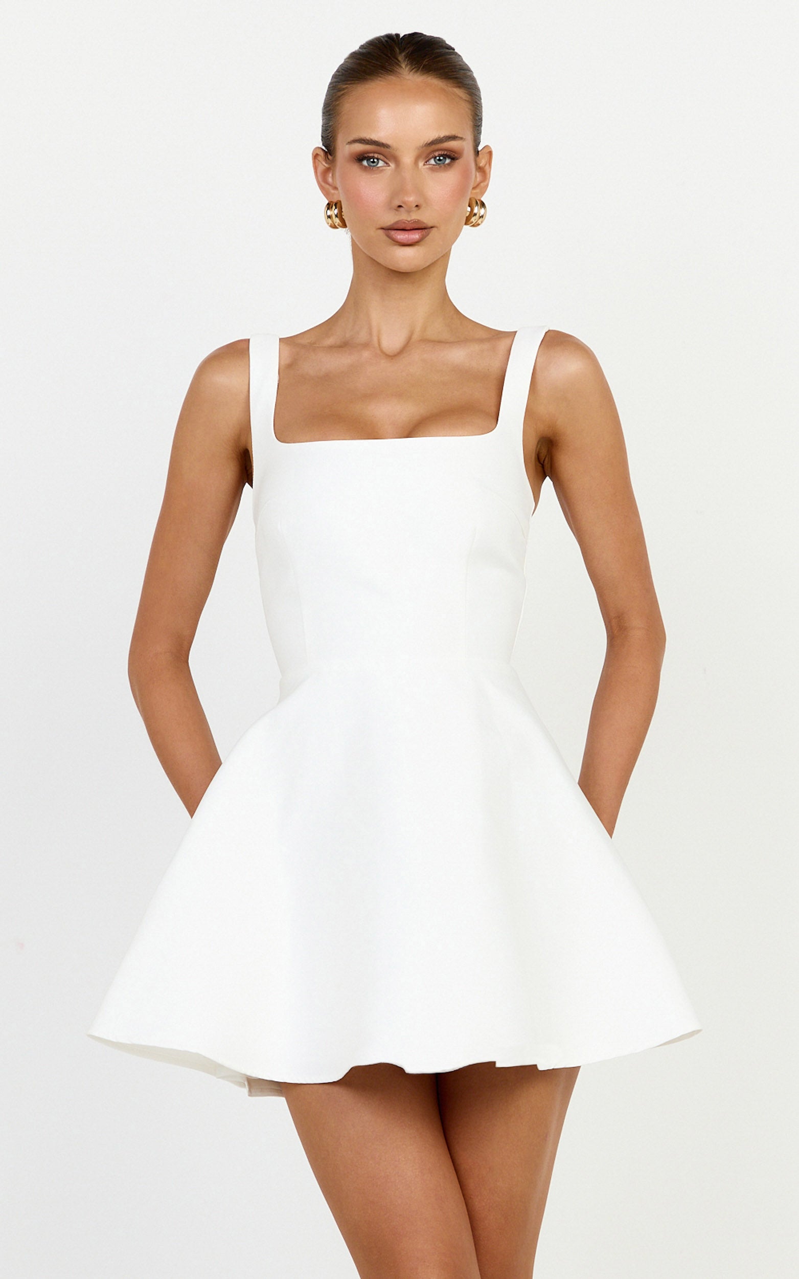 Talia Mini Elbise - Beyaz U Yaka Fit & Flare Elbise