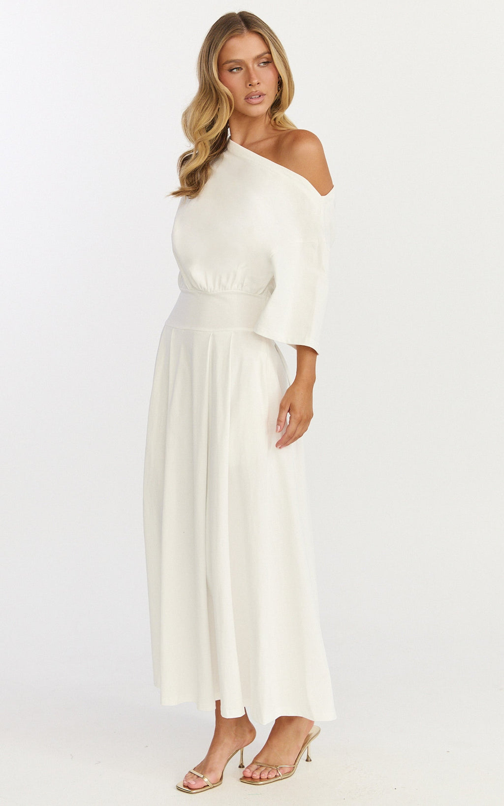 Tami Midi Elbise - Omuzları Açık Elbise - Beyaz