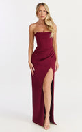 Tara Maxi Elbise - Straplez Korse ve Drapeli Etekli Elbise - Bordo