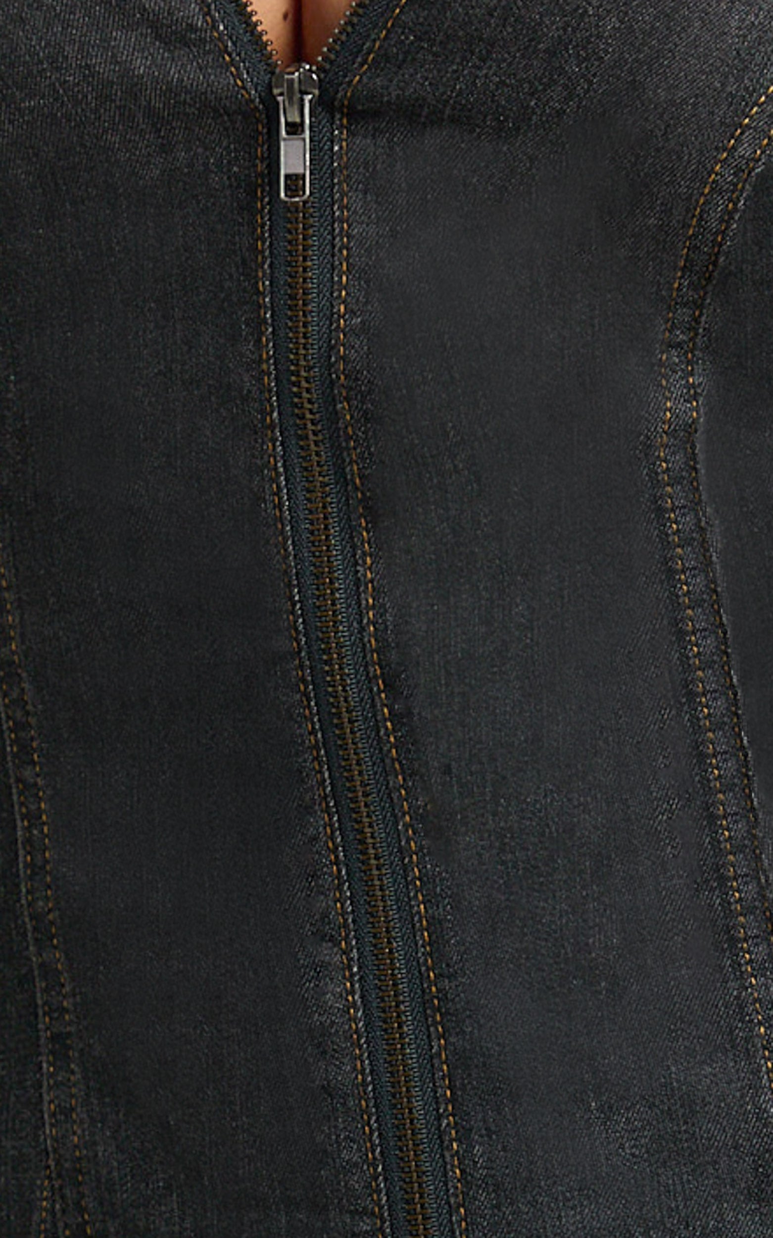 Tessie Mini Elbise - Siyah Fermuarlı Yakalı Denim Mini Elbise