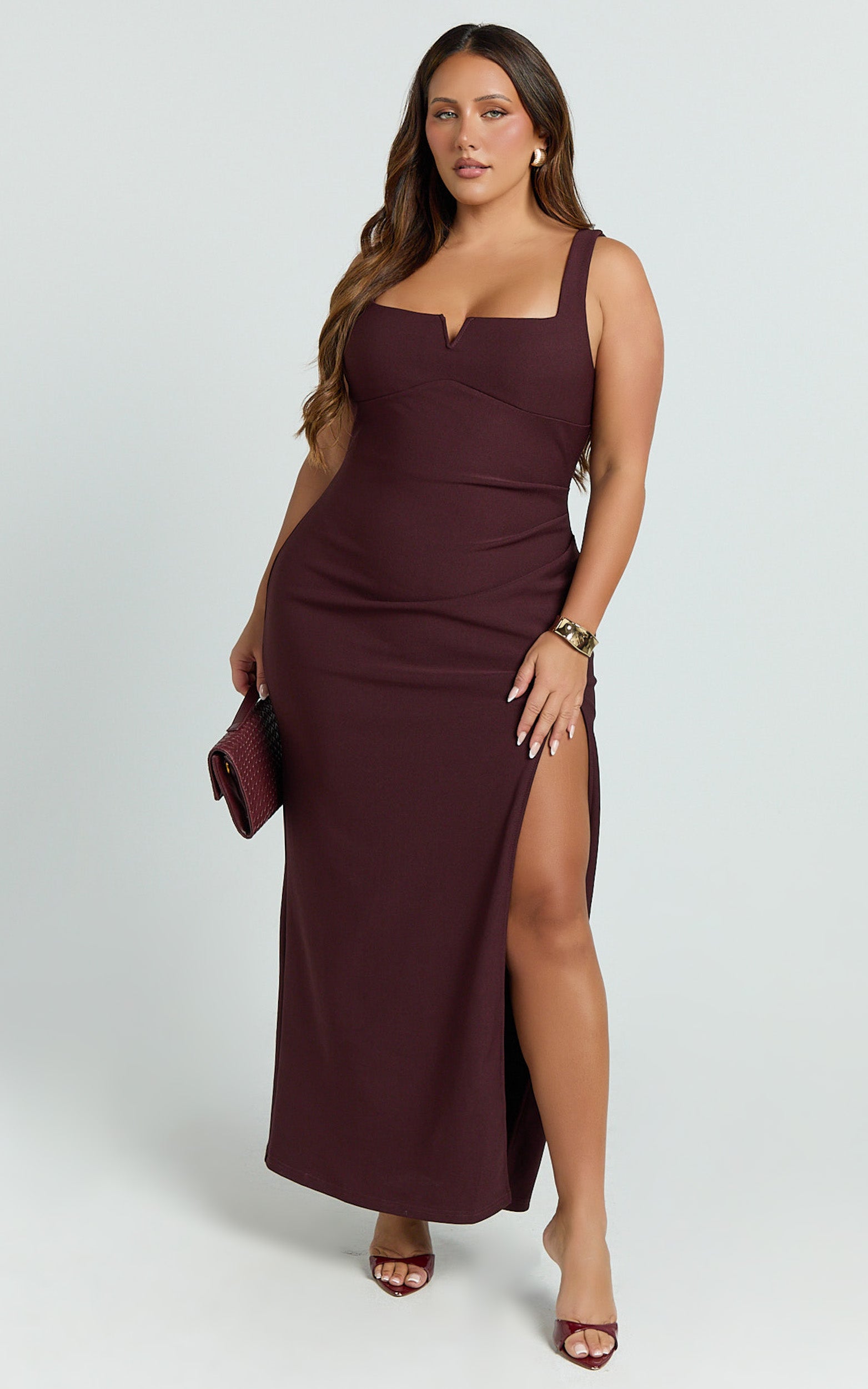 Thelma Maxi Elbise - Bordo Kare Yaka Bodycon Elbise