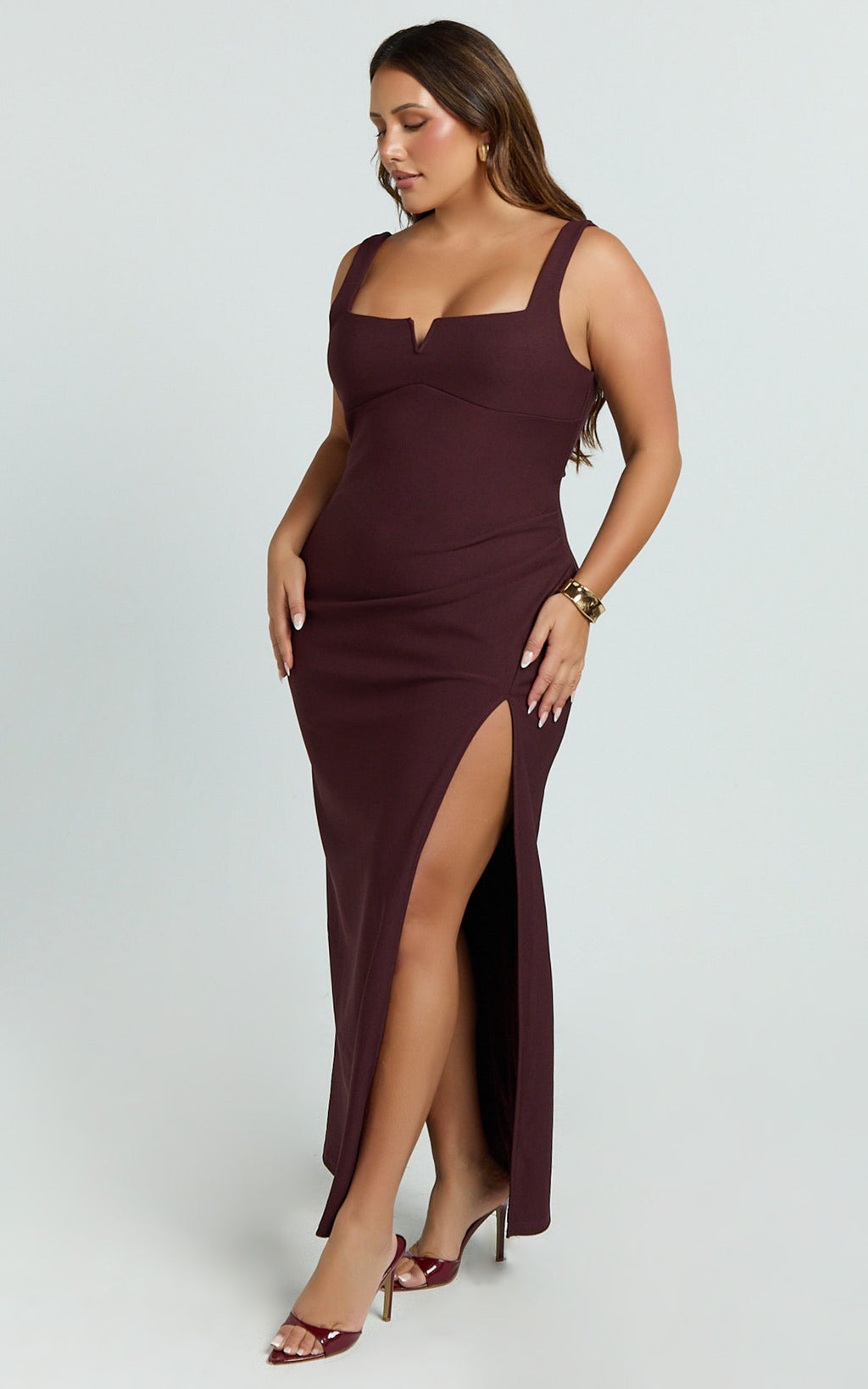 Thelma Maxi Elbise - Bordo Kare Yaka Bodycon Elbise