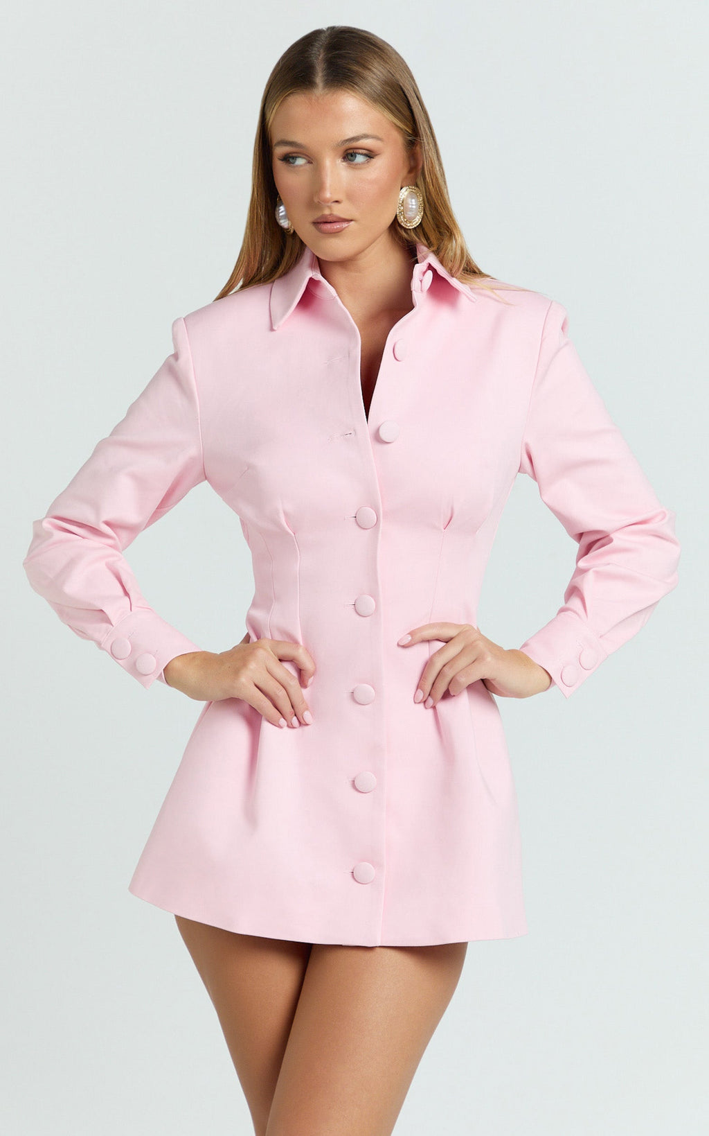 Thelma Mini Elbise - Pembe Önden Düğmeli Pileli Bel Lale Etek Gömlek Elbise