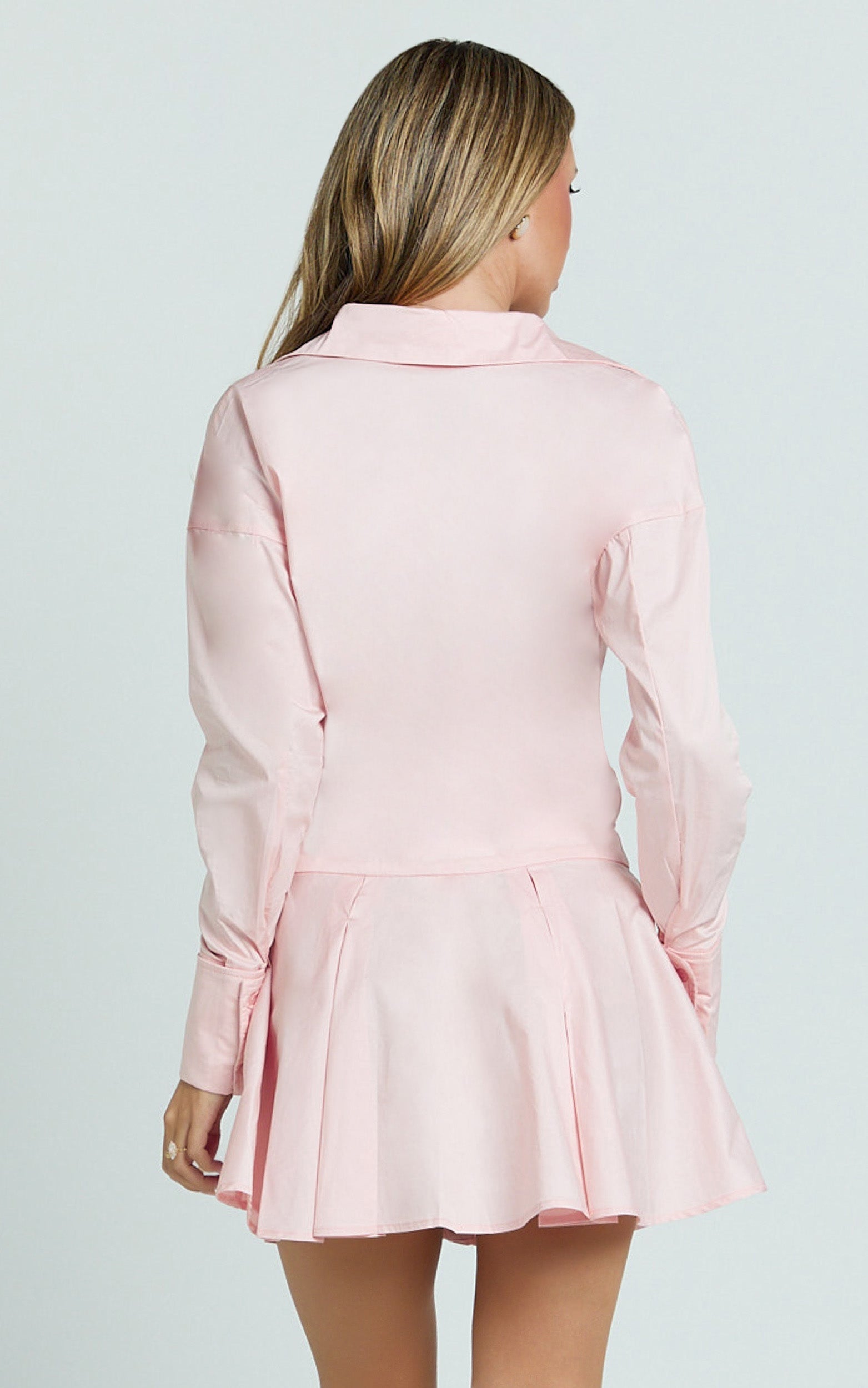 Valentina Mini Elbise - Pembe Yakalı Uzun Kollu Önden Düğmeli Düşük Bel Elbise